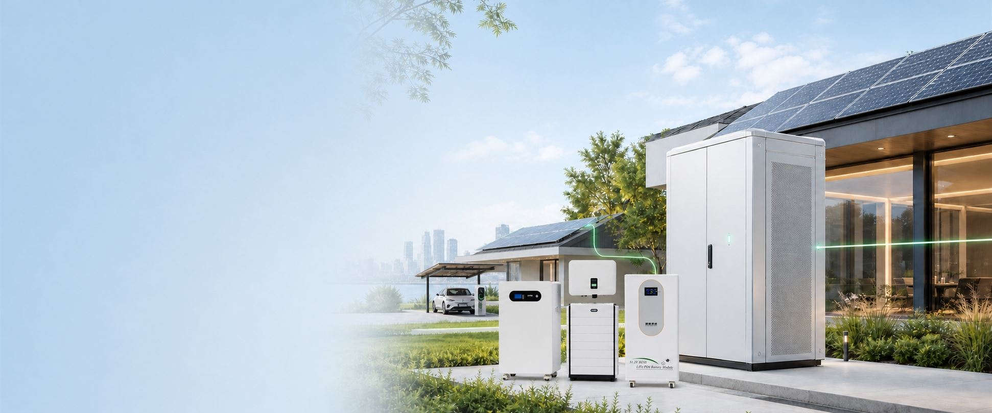 Commercial and home energy storage systems with a solar carport and EV charging station